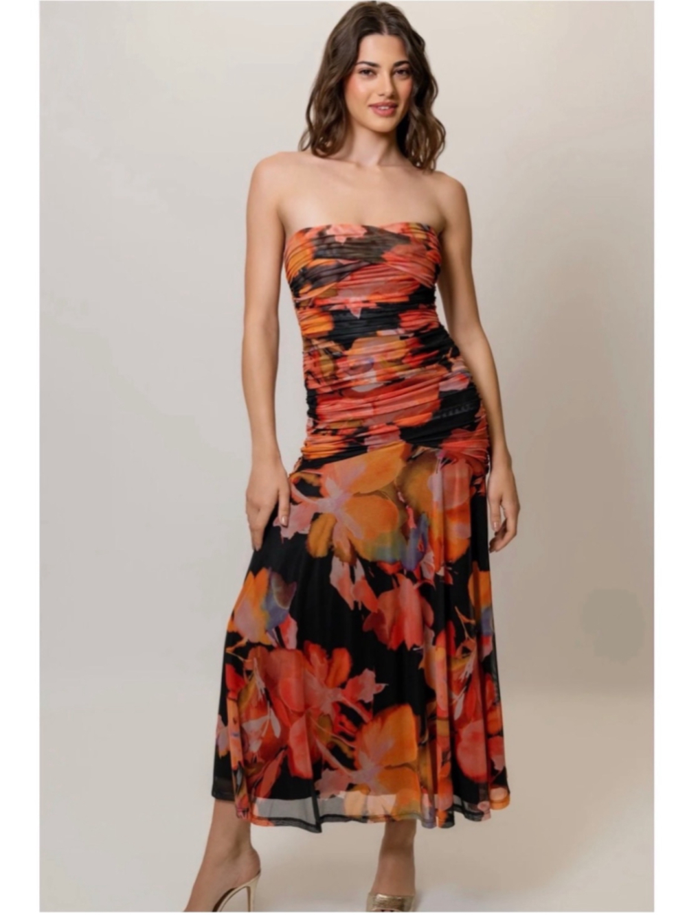 Hutch New Bonnie Strapless Floral Ruched Midi Dress